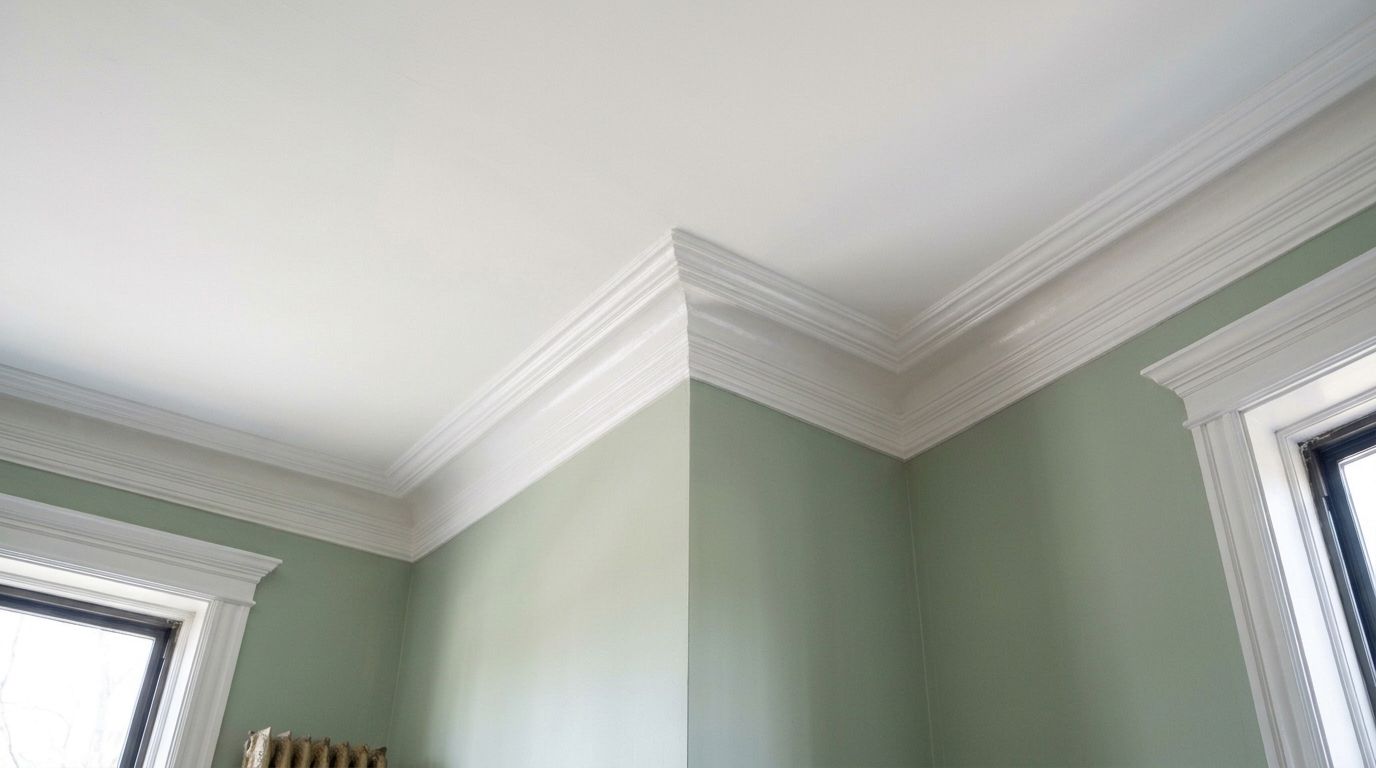 Crisp white crown molding meeting a white ceiling and sage green walls
