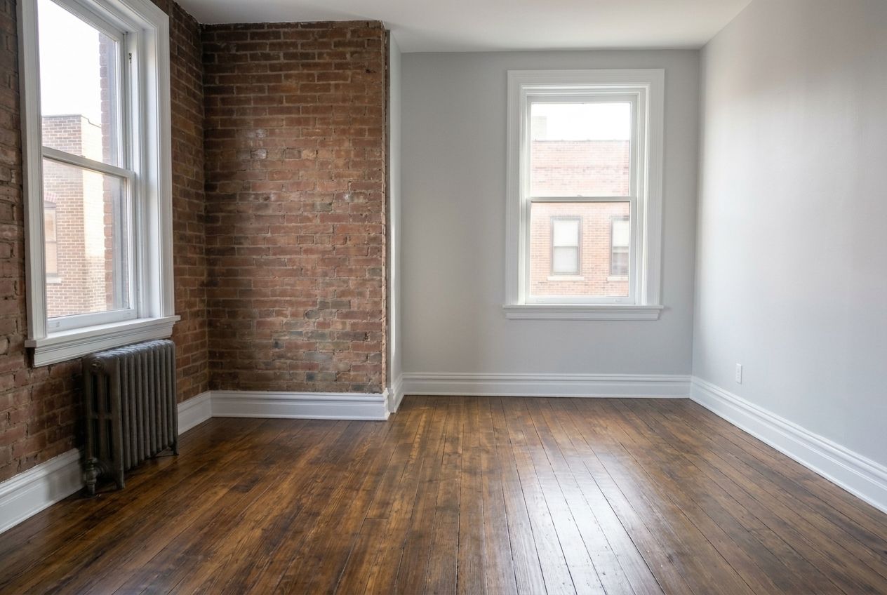 Empty rental unit with exposed brick, fresh light gray walls, white trim and hardwood floors