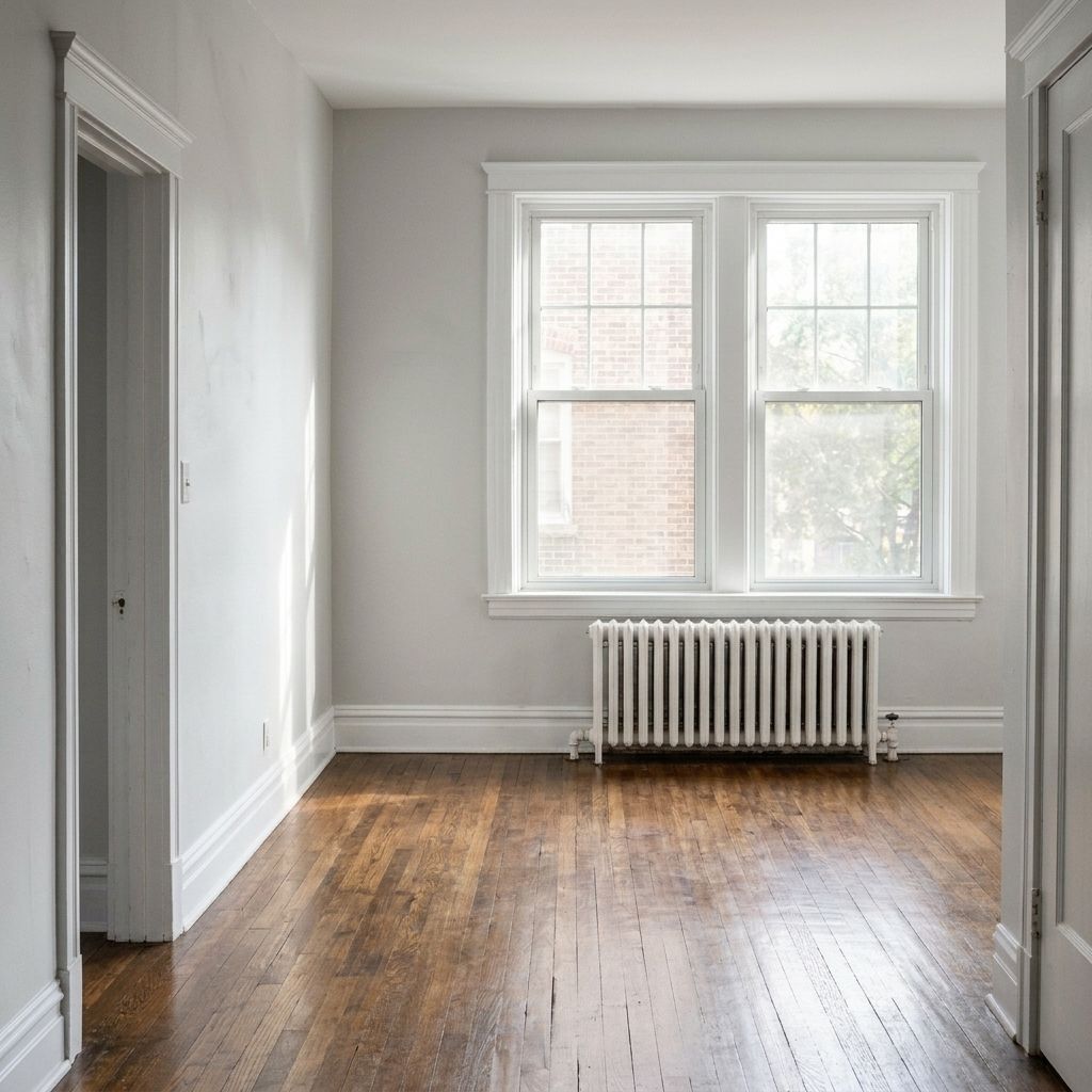Empty apartment with fresh light gray walls, white trim, a radiator under double windows and hardwood floors