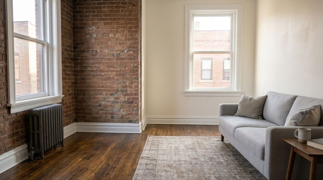 Living room with exposed brick, freshly painted cream walls, a gray sofa and hardwood floors