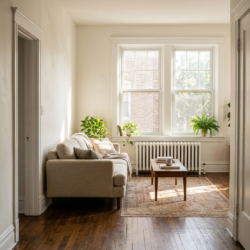 Sunlit living room with freshly painted cream walls, white trim and hardwood floors