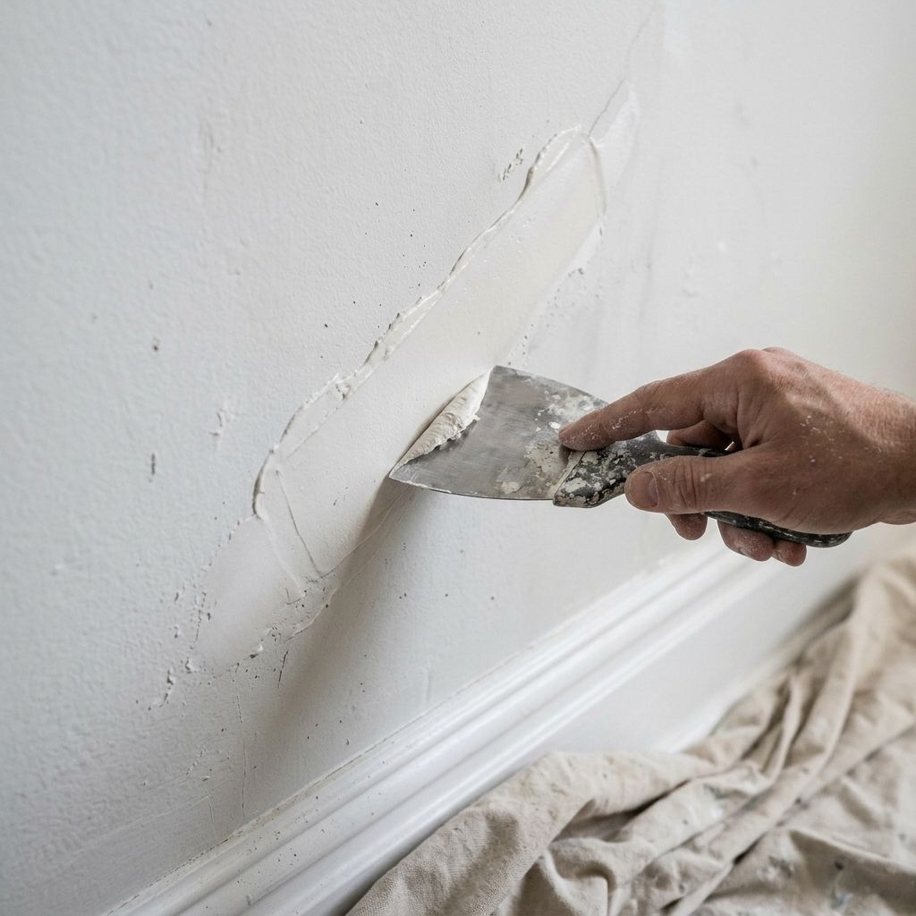 Putty knife smoothing joint compound over a repaired wall crack