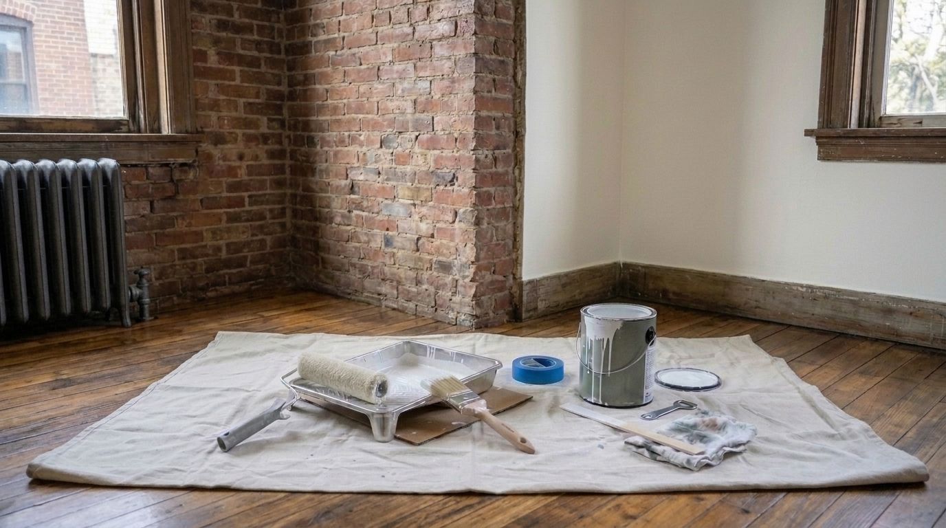 Paint roller, tray, brush and paint can on a drop cloth in a vintage apartment